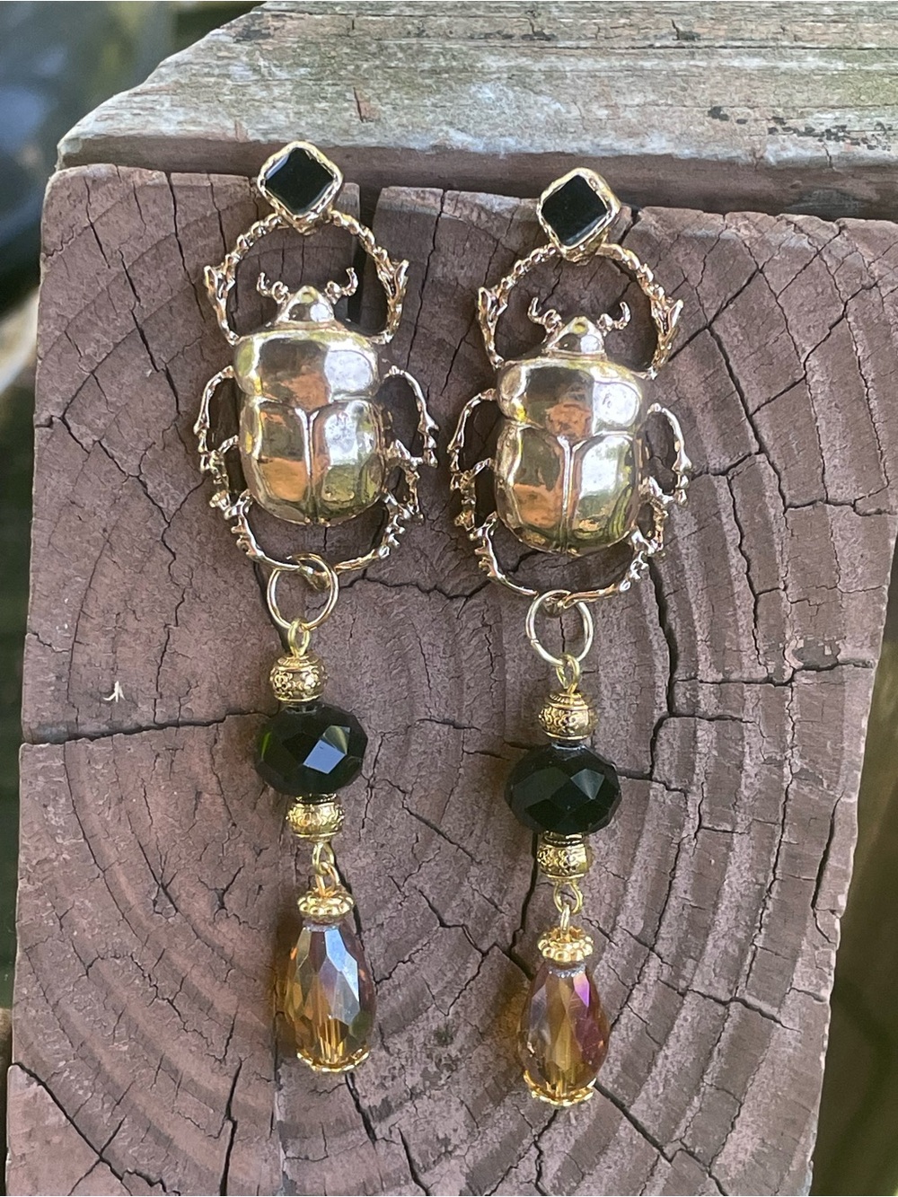 Hand Crafted Gold Scarab Earrings with Black and Amber Drops - Picture 6 of 7